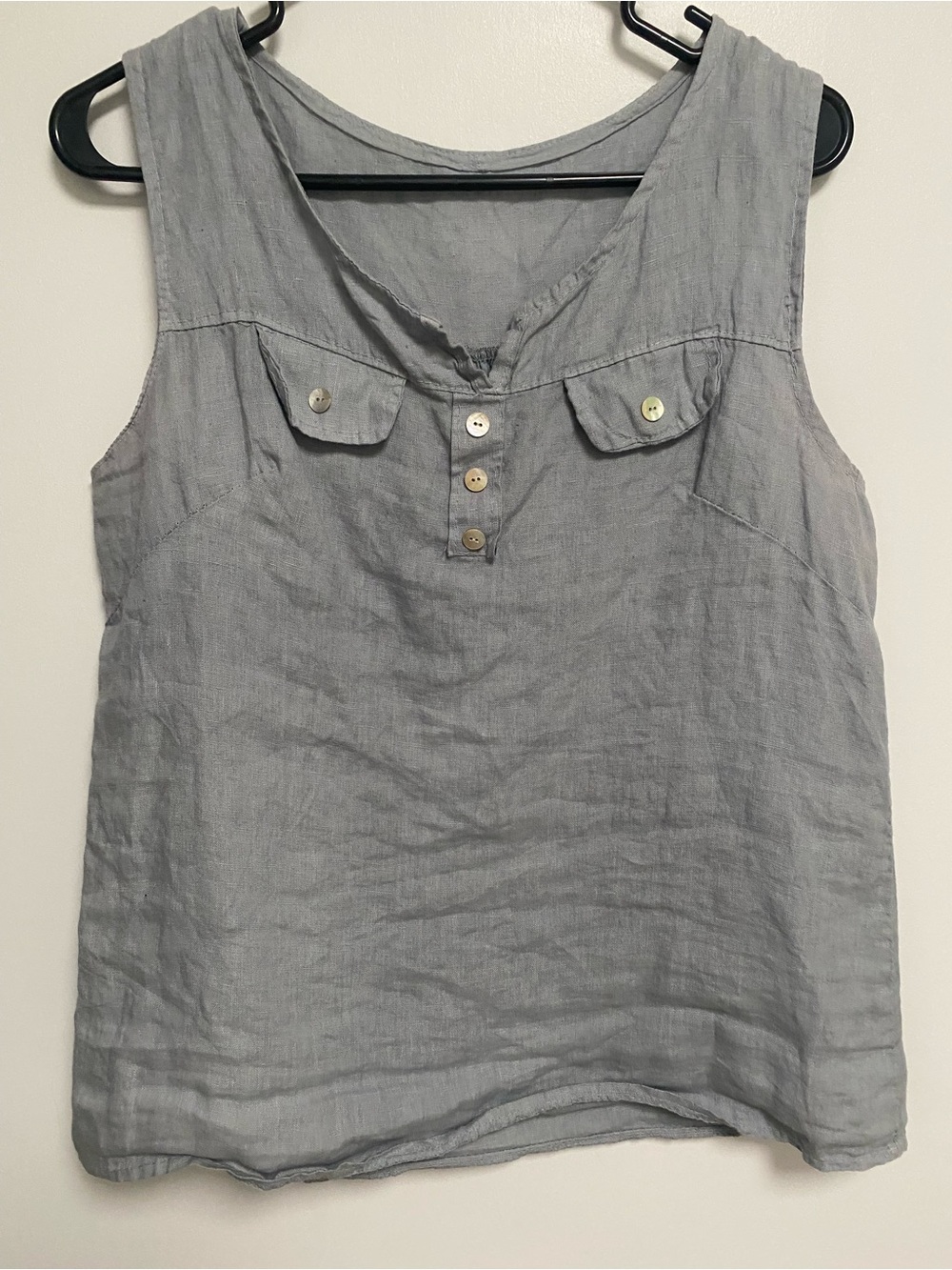 Sleeveless GrayLinen Button-Front Tank Top - Made in Italy